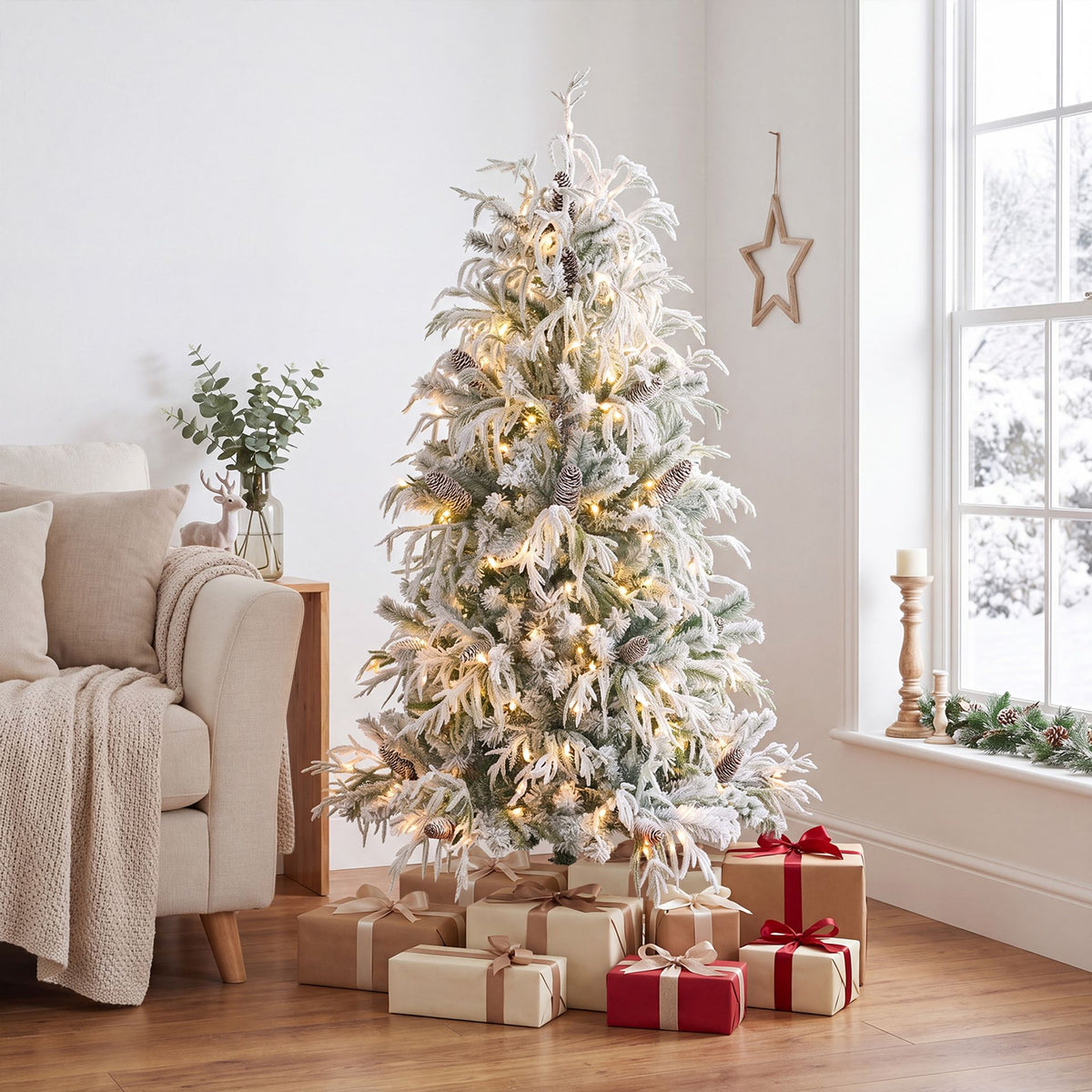 150cm Snow-Flocked Christmas Tree with Full Branch Tips and Natural Pine Cones Warm White LED Lights