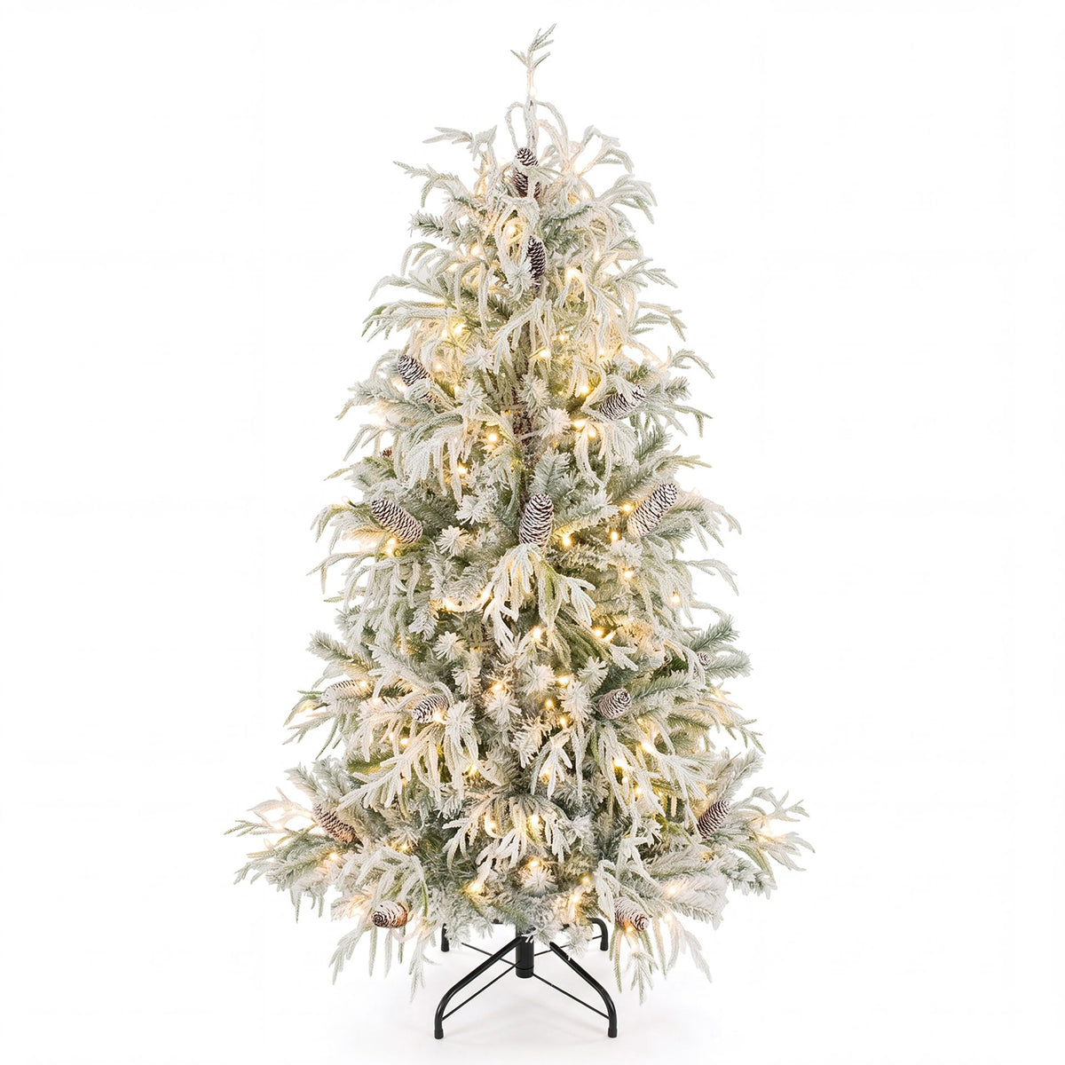 150cm Snow-Flocked Christmas Tree with Full Branch Tips and Natural Pine Cones Warm White LED Lights