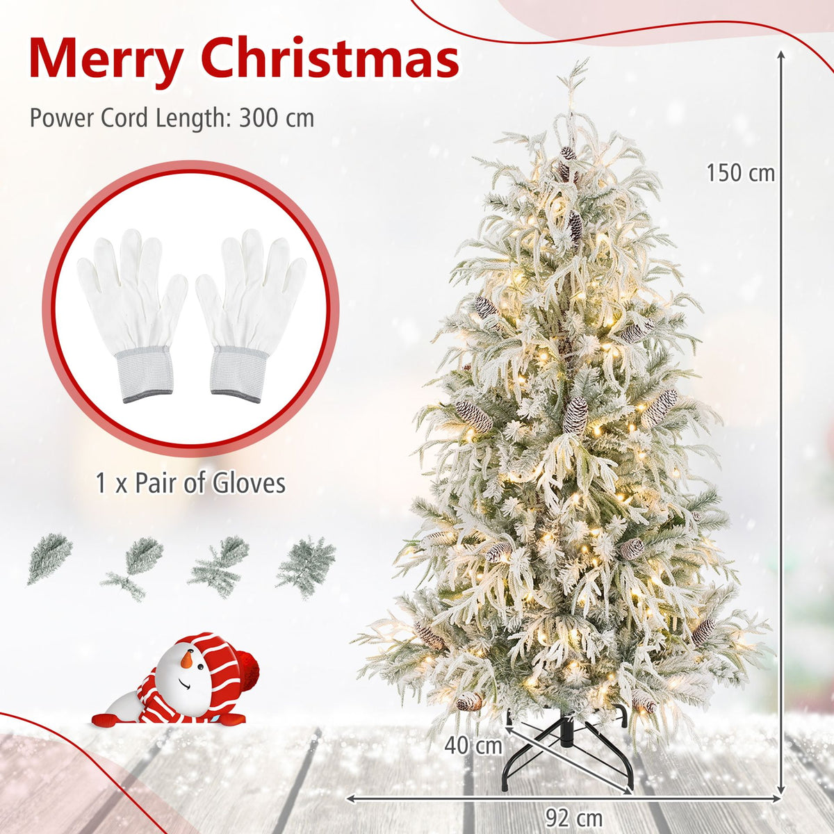 150cm Snow-Flocked Christmas Tree with Full Branch Tips and Natural Pine Cones Warm White LED Lights