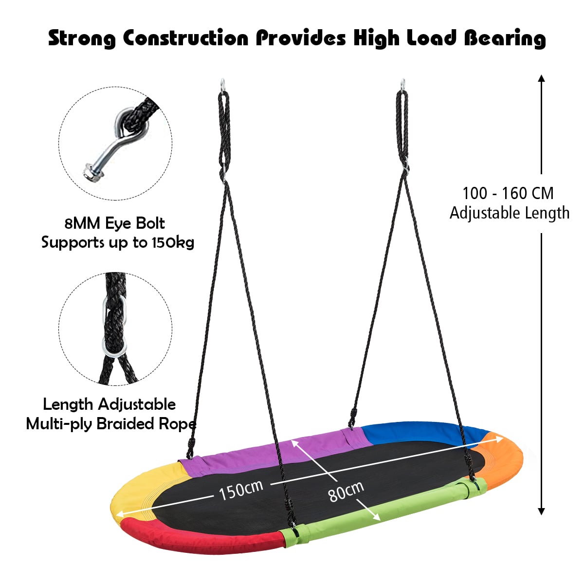 150 cm Oval Swing with Height-Adjustable Rope for Outdoor Indoor-Multicolor