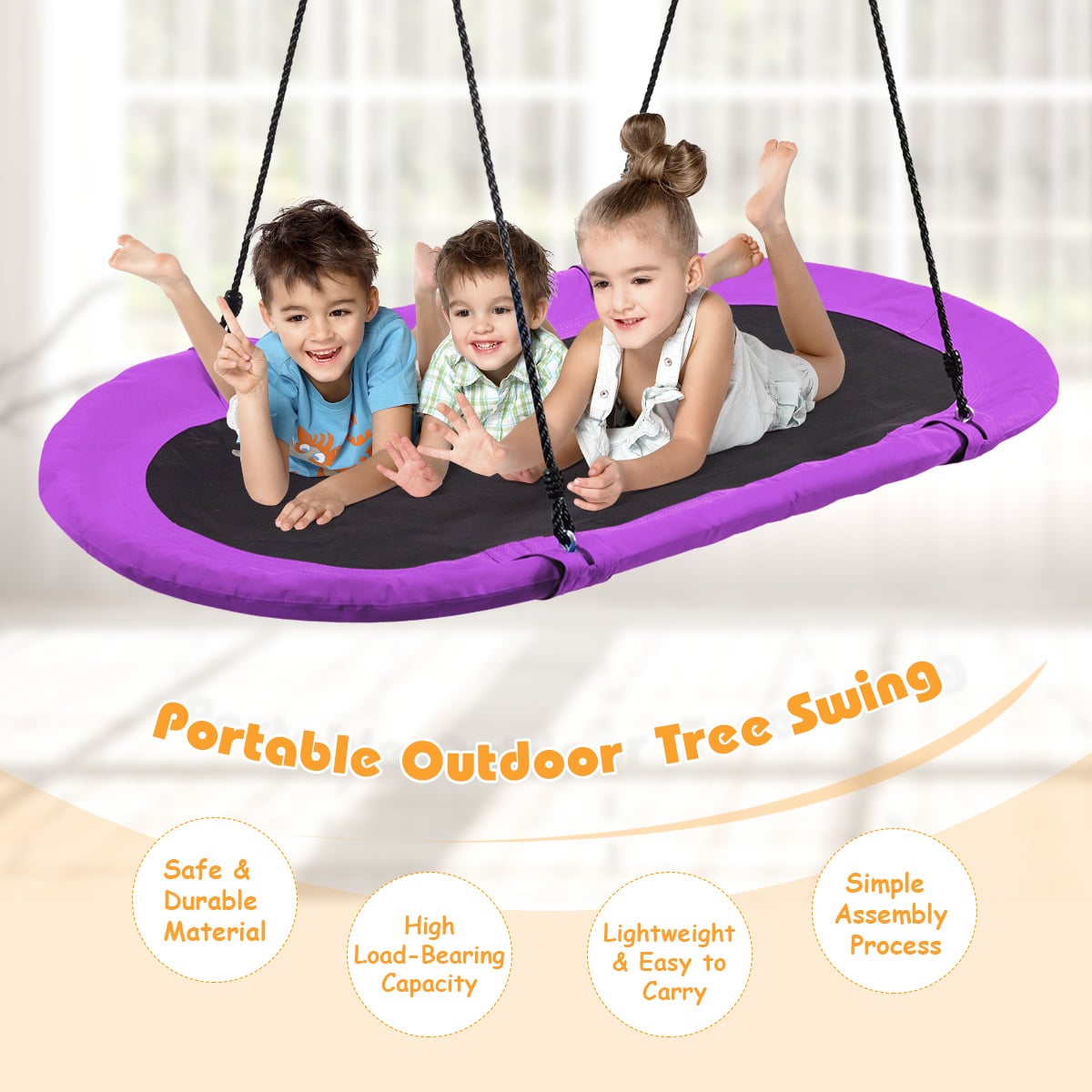 150 cm Oval Swing with Height-Adjustable Rope for Outdoor Indoor-Purple