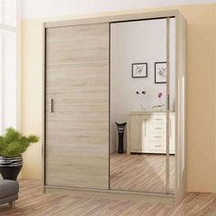 Vista Mirrored Sliding Door Wardrobe 150 cm- Black, White and Oak