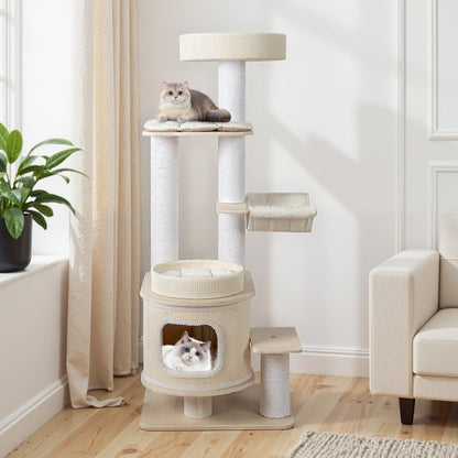 151 CM Modern Cat Tree Multi-level with Padded Top Perch and 2-Tier Cat Condo-Natural & White