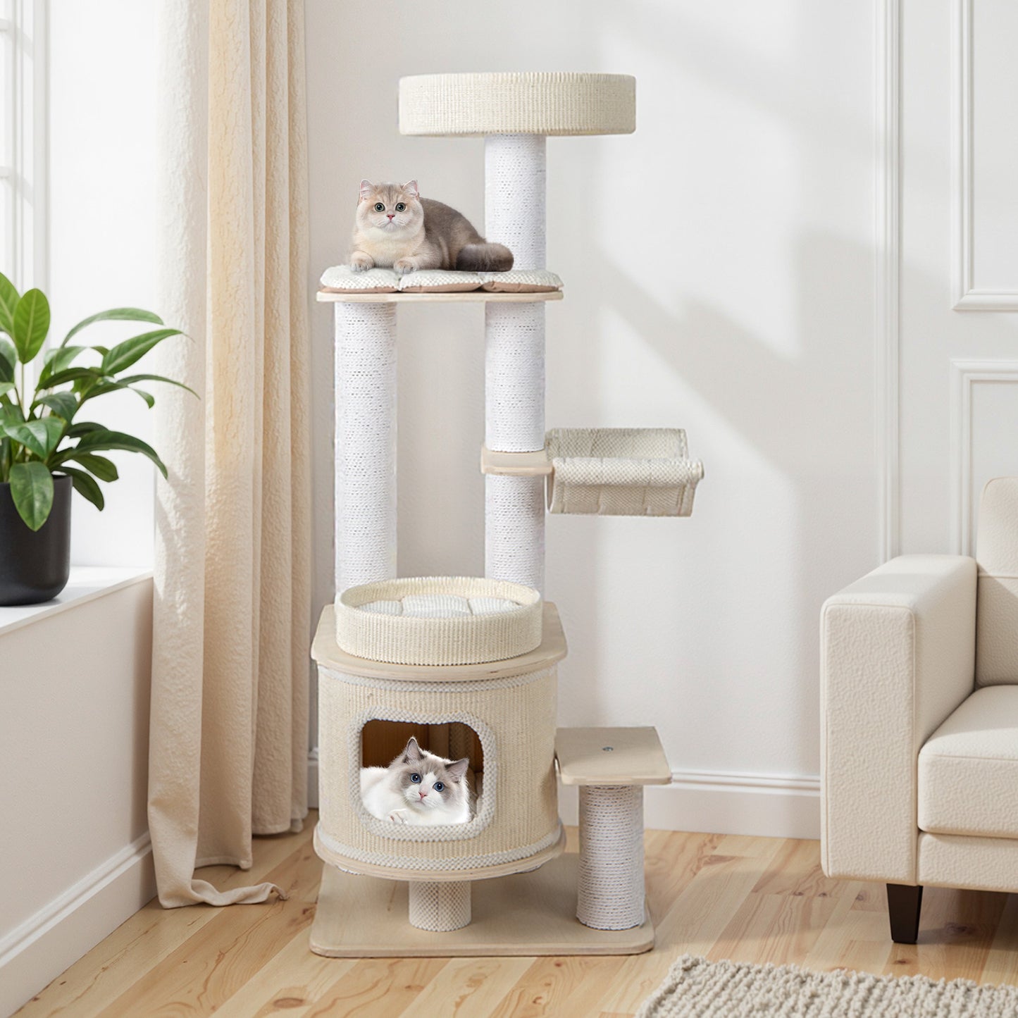 151 CM Modern Cat Tree Multi-level with Padded Top Perch and 2-Tier Cat Condo-Natural & White