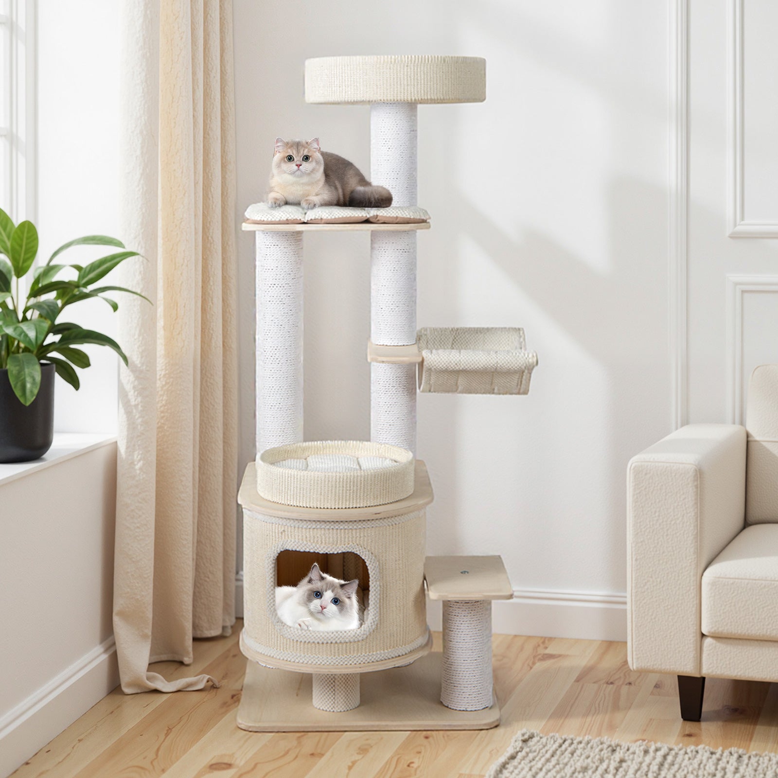151 CM Modern Cat Tree Multi-level with Padded Top Perch and 2-Tier Cat Condo-Natural & White