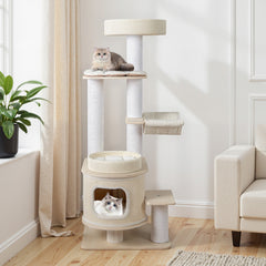 151 CM Modern Cat Tree Multi-level with Padded Top Perch and 2-Tier Cat Condo-Natural & White