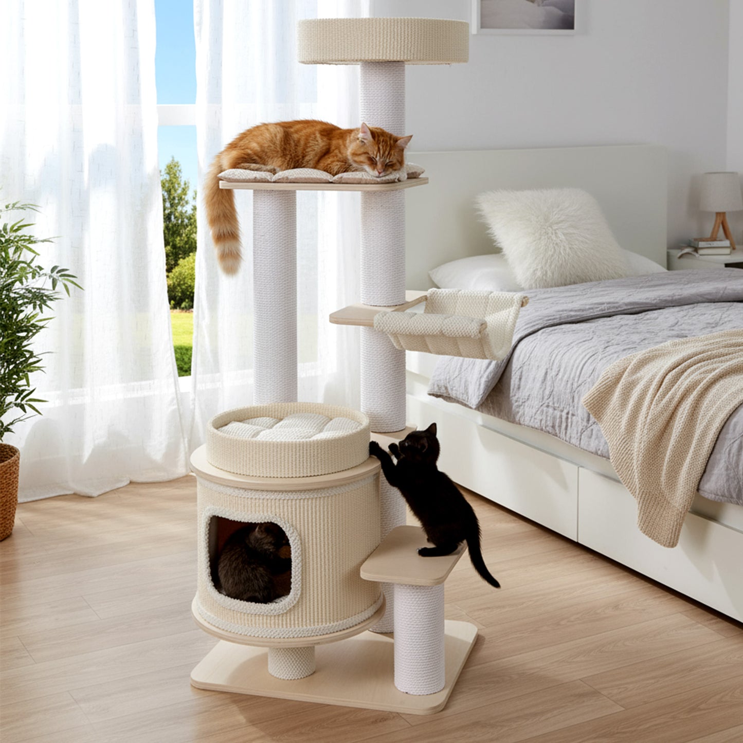 151 CM Modern Cat Tree Multi-level with Padded Top Perch and 2-Tier Cat Condo-Natural & White