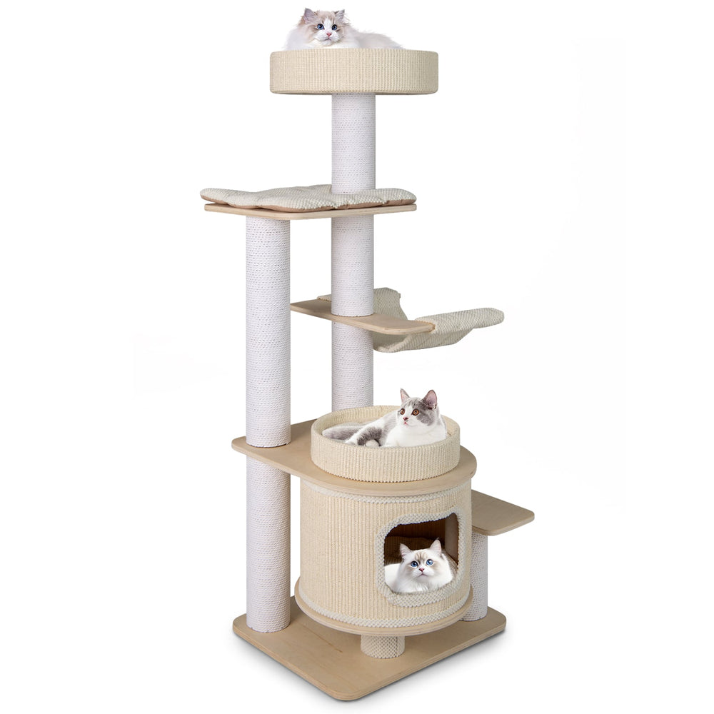 151 CM Modern Cat Tree Multi-level with Padded Top Perch and 2-Tier Cat Condo-Natural & White
