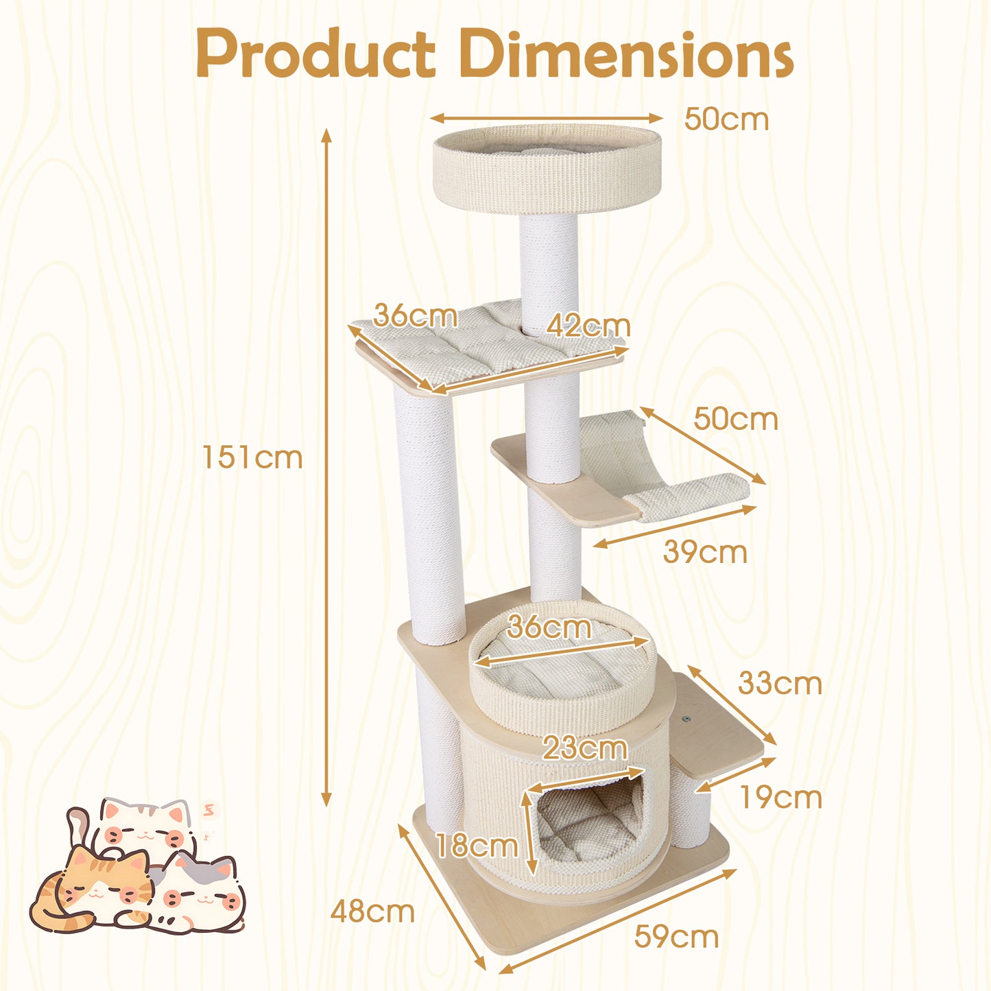 151 CM Modern Cat Tree Multi-level with Padded Top Perch and 2-Tier Cat Condo-Natural & White
