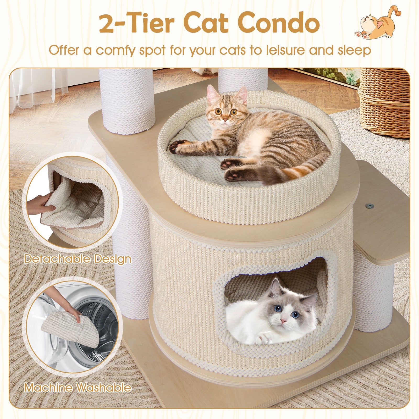 151 CM Modern Cat Tree Multi-level with Padded Top Perch and 2-Tier Cat Condo-Natural & White