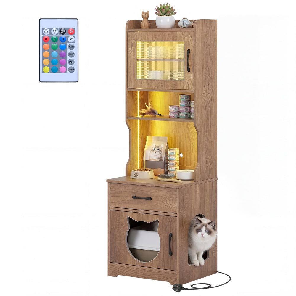 152 cm Tall Cat Litter Box Enclosure with Adjustable LED Light-Natual