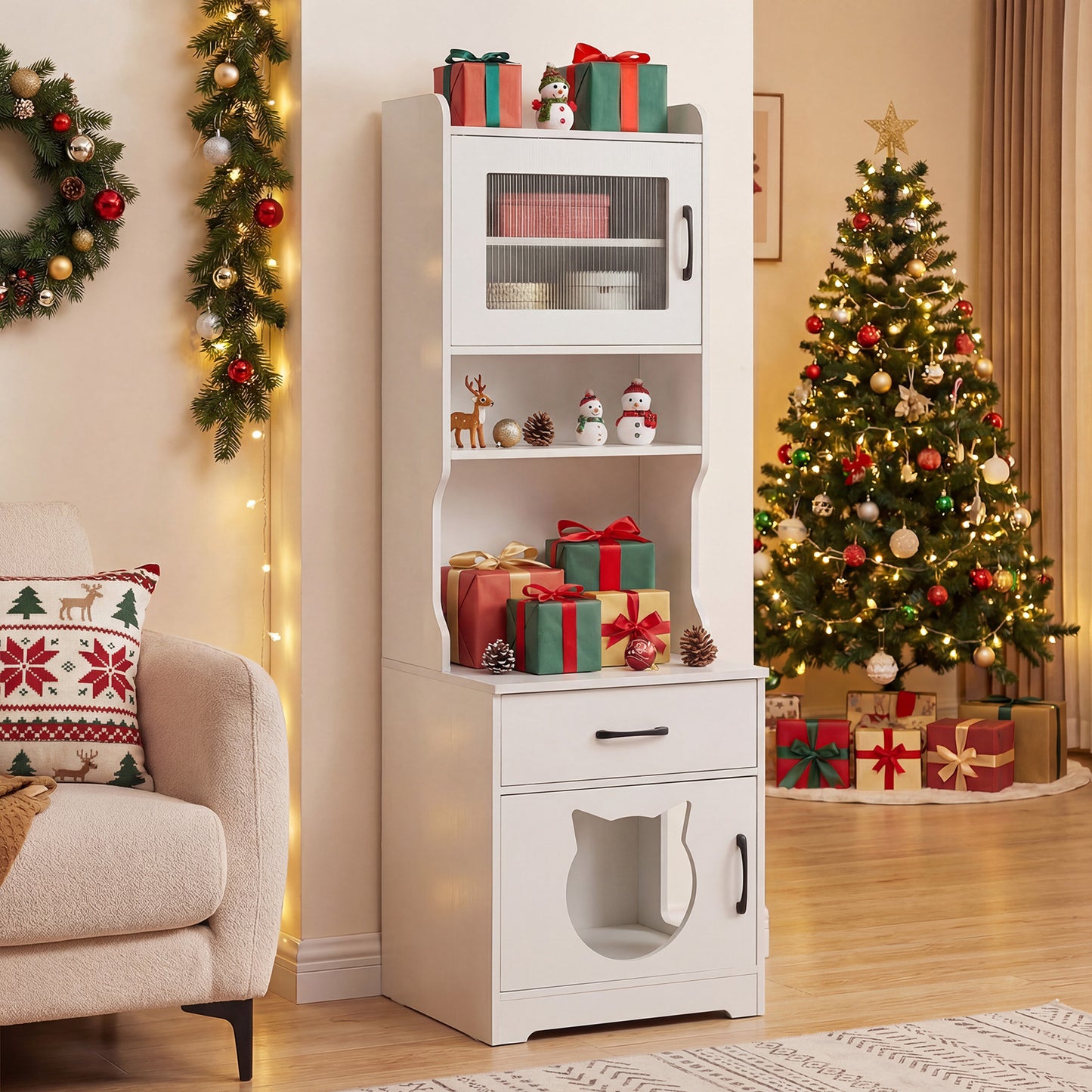 152 cm Tall Cat Litter Box Enclosure with Adjustable LED Light-White