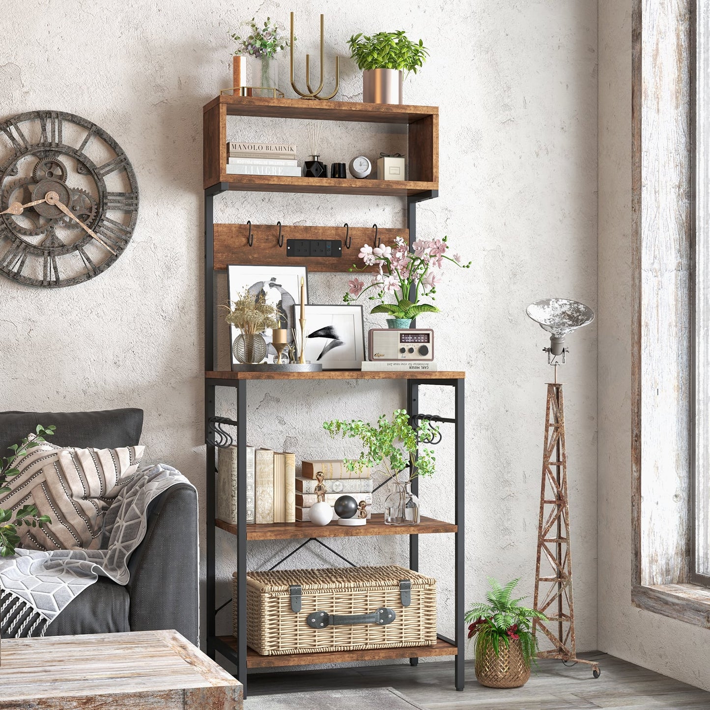 153 cm Tall Microwave Stand Kitchen Bakers Rack with Power Outlet-Rustic Brown
