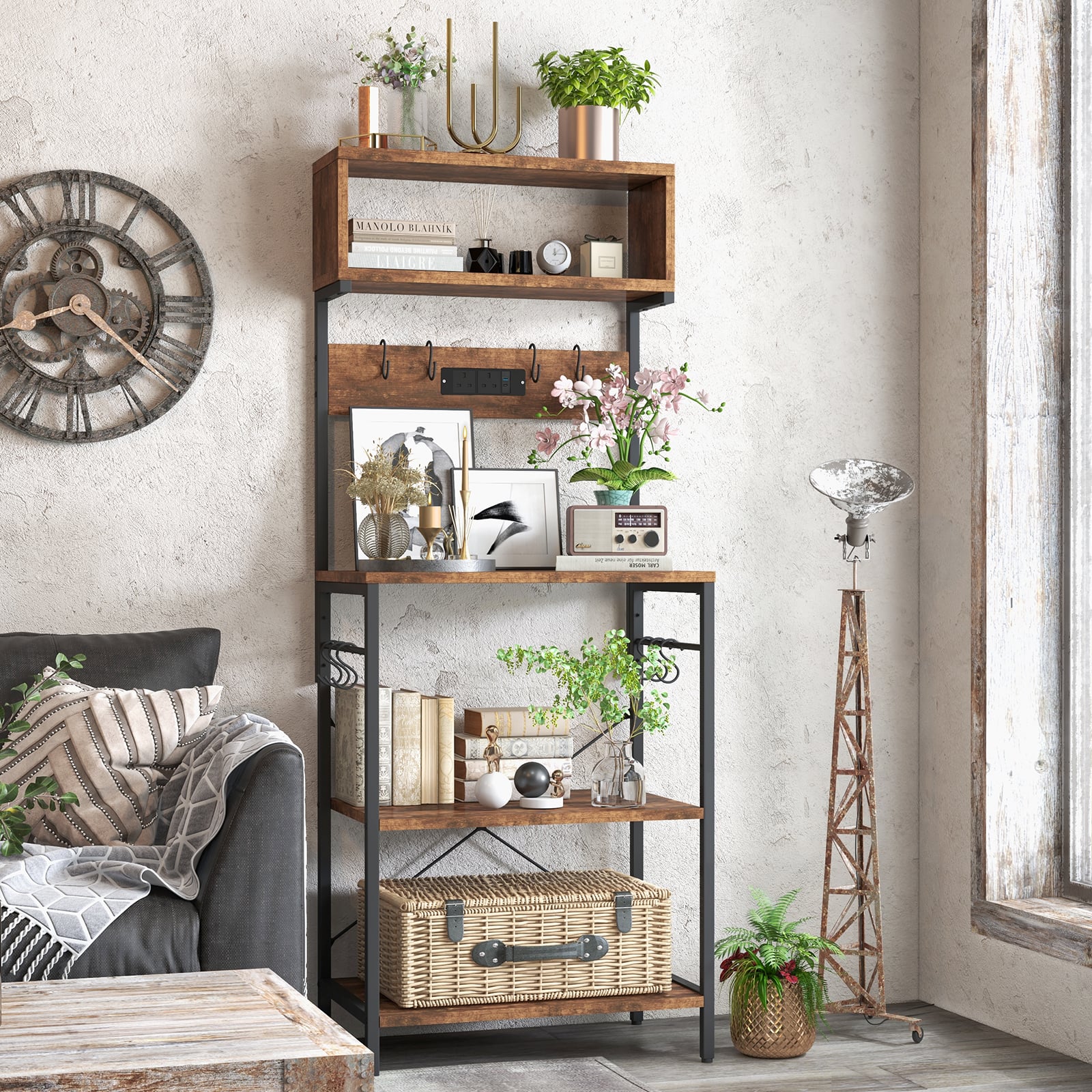153 cm Tall Microwave Stand Kitchen Bakers Rack with Power Outlet-Rustic Brown