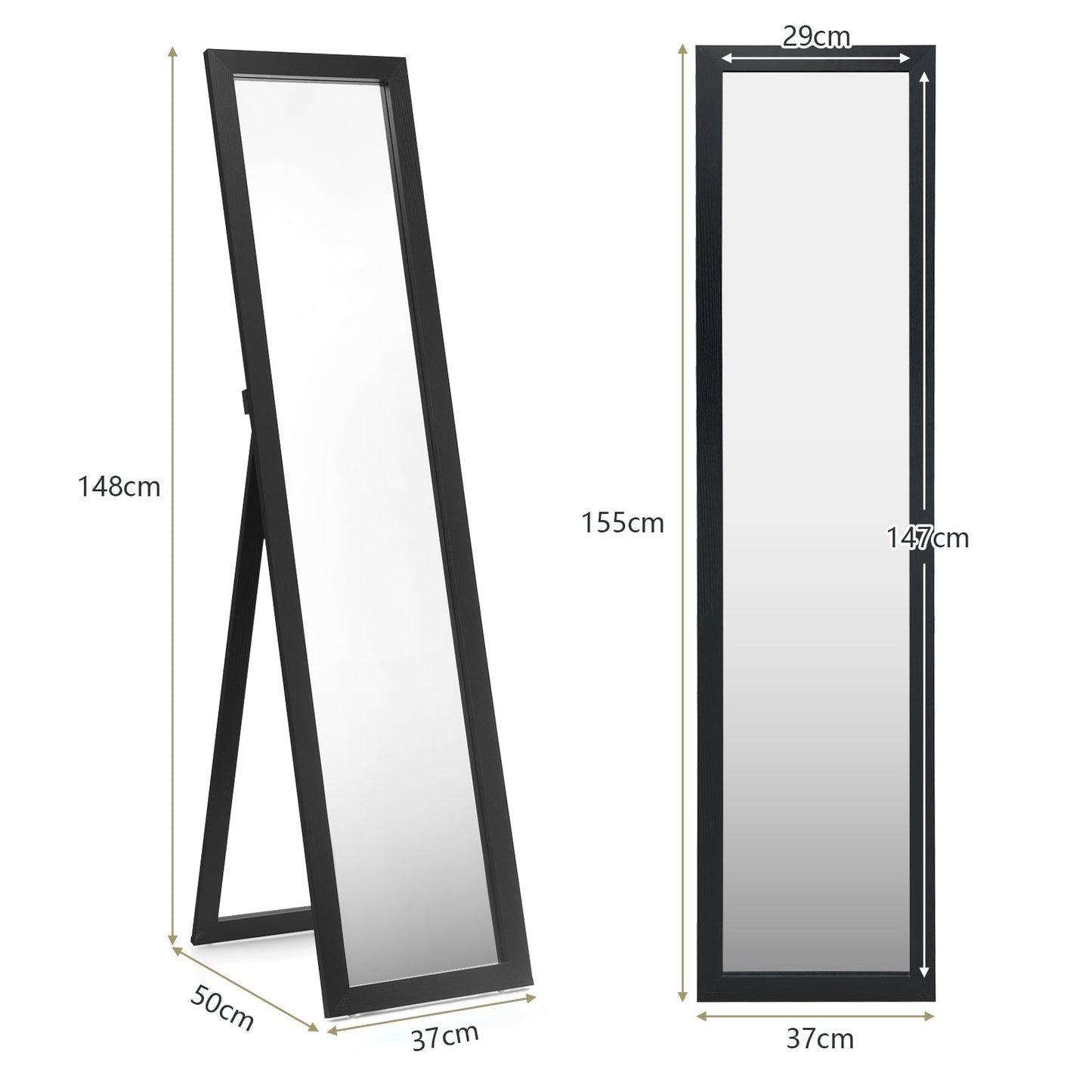 153 x 37 cm Wooden Frame Rectangle Full Length Mirror-Black