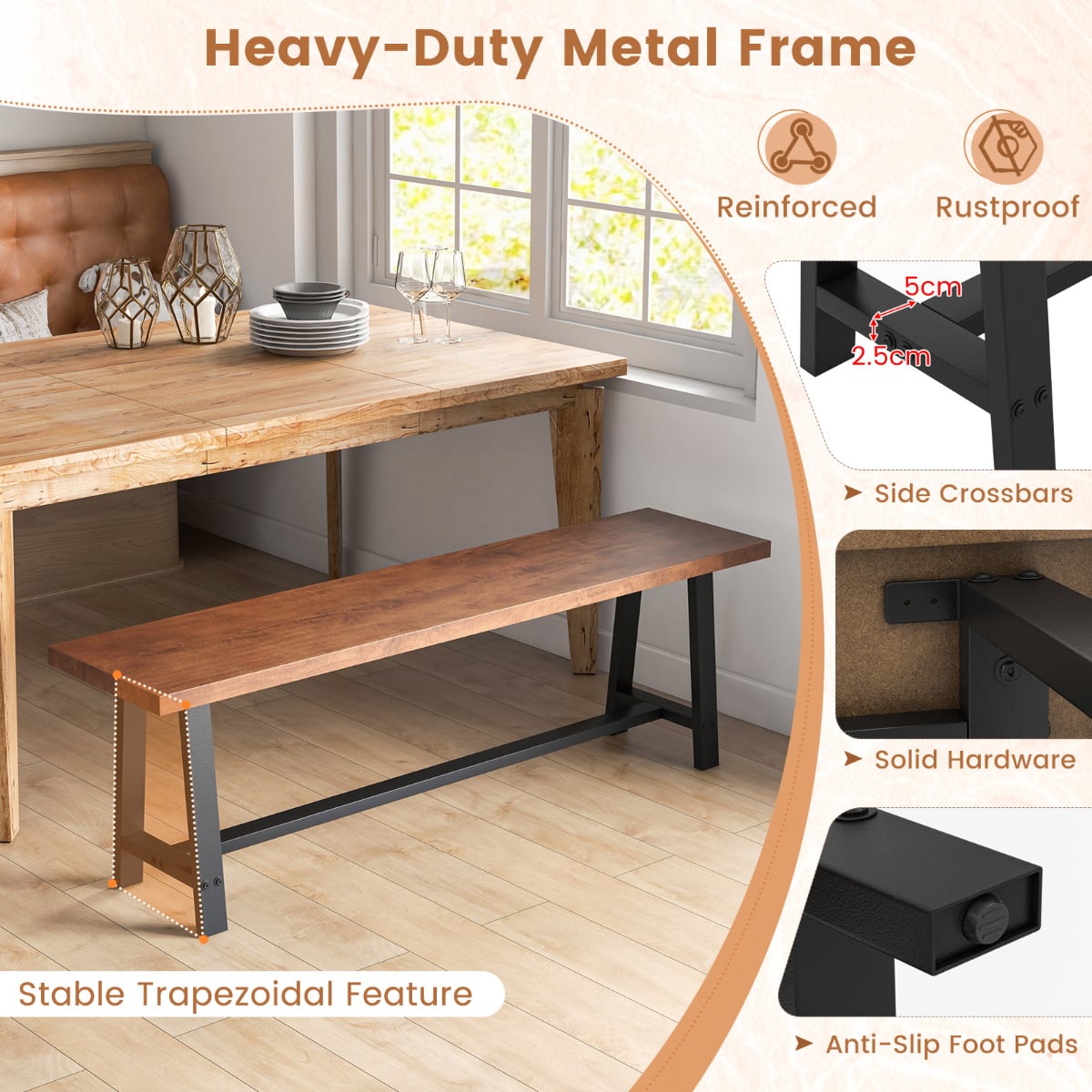 153CM Entryway Shoe Bench 3 Person with Metal Frame-Walnut