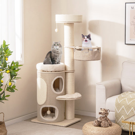 154CM Multi-level Cat Tree with 2-stoery Condo and Top Perch-Natural