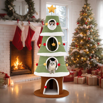 154 cm Cute Cat Tower with 4 Condos and Sisal Carpet for Holiday Decoration-Green & White