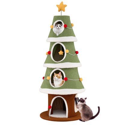 154 cm Cute Cat Tower with 4 Condos and Sisal Carpet for Holiday Decoration-Green & White