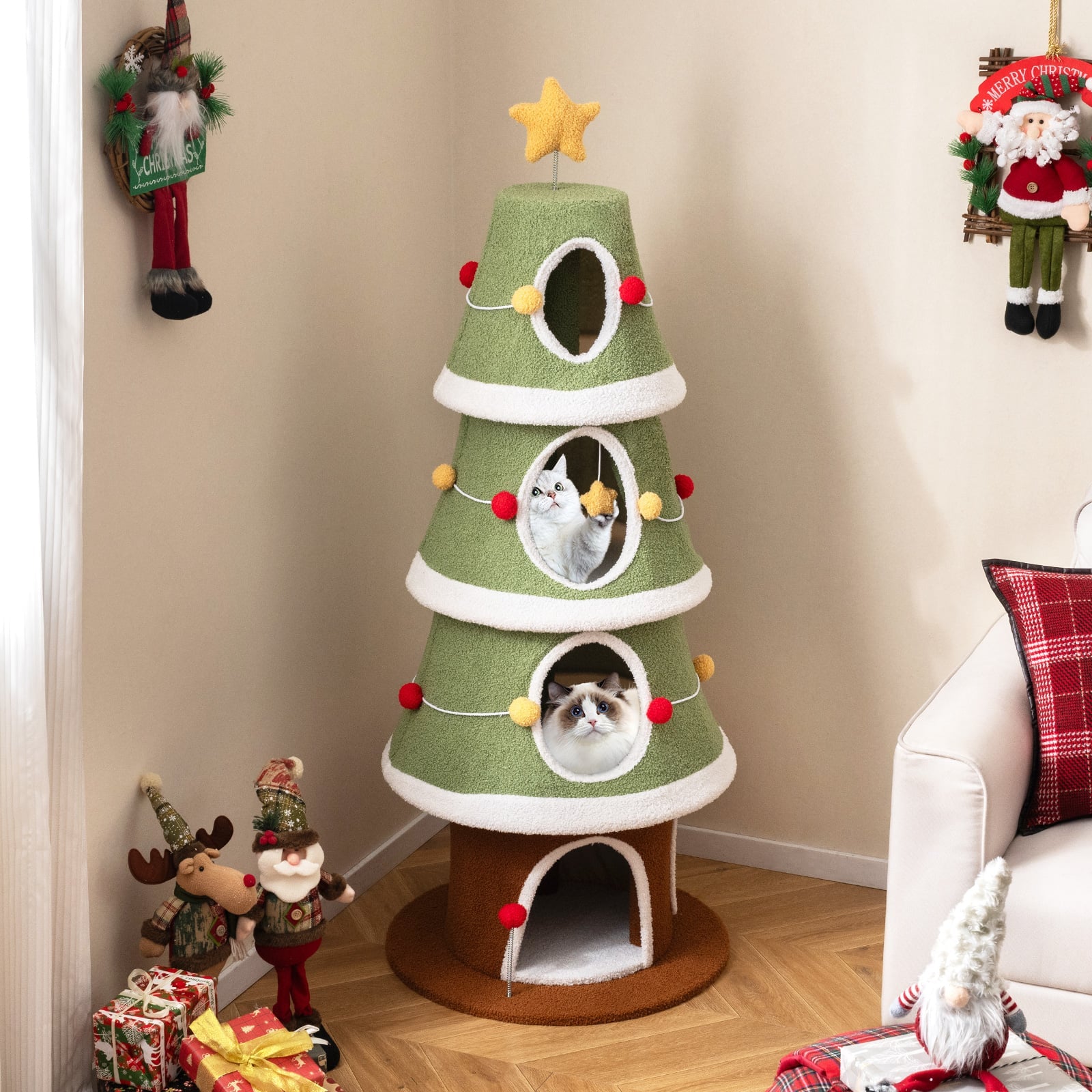 154 cm Cute Cat Tower with 4 Condos and Sisal Carpet for Holiday Decoration-Green & White