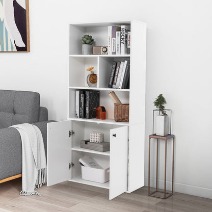 155 CM 5-Tier Bookcase Tall Bookshelf with Double Doors and Open Cubes-White