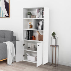 155 CM 5-Tier Bookcase Tall Bookshelf with Double Doors and Open Cubes-White