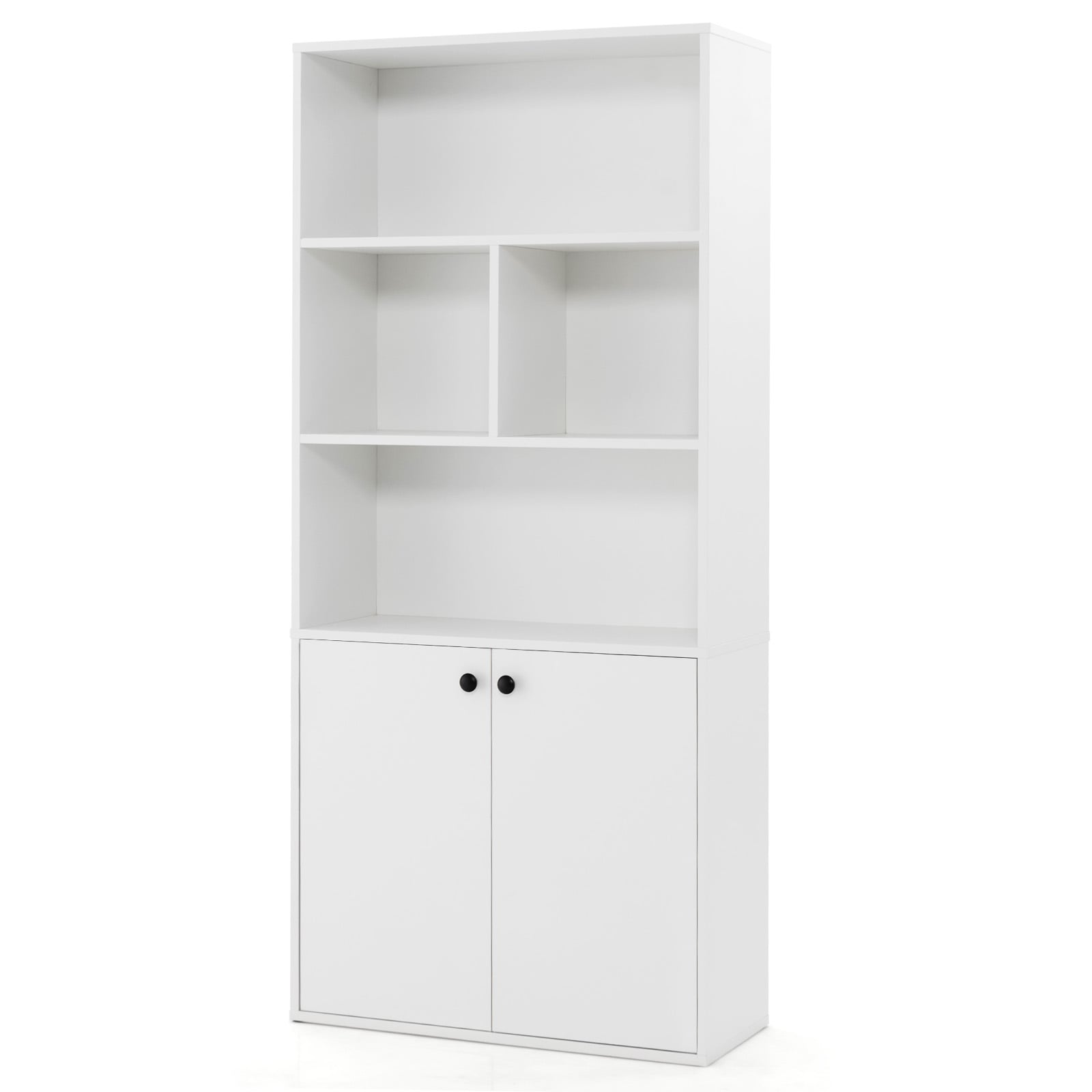 155 CM 5-Tier Bookcase Tall Bookshelf with Double Doors and Open Cubes-White
