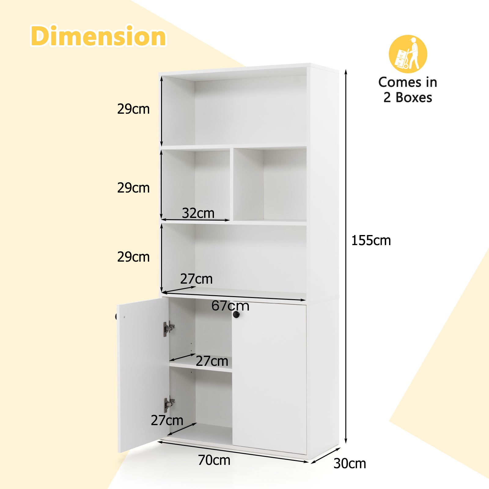 155 CM 5-Tier Bookcase Tall Bookshelf with Double Doors and Open Cubes-White