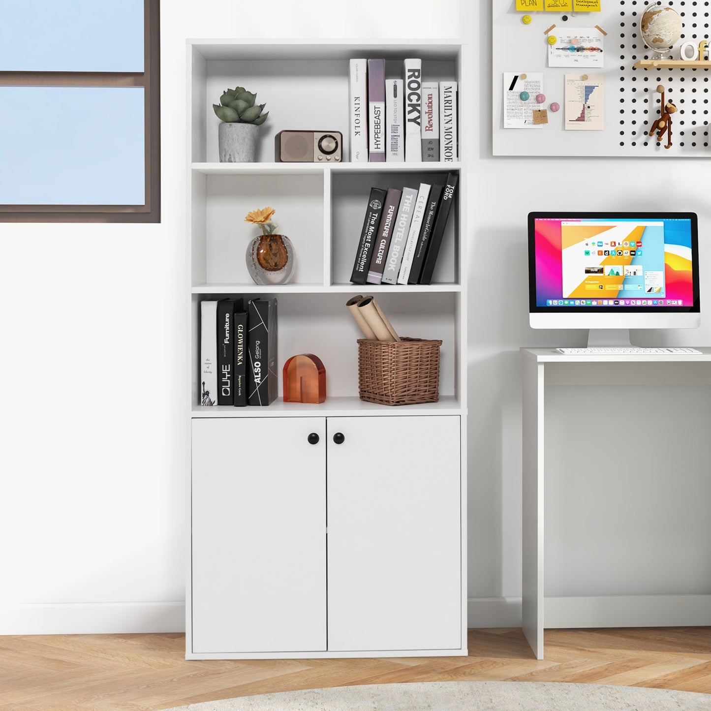 155 CM 5-Tier Bookcase Tall Bookshelf with Double Doors and Open Cubes-White