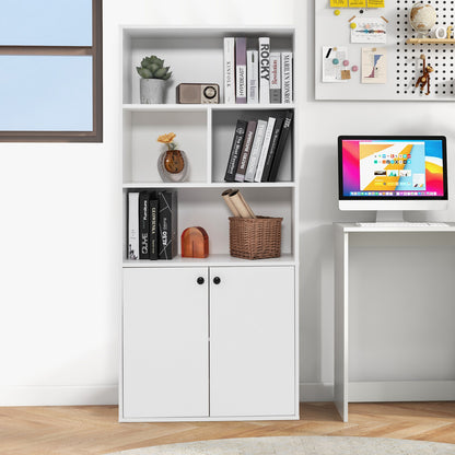 155 CM 5-Tier Bookcase Tall Bookshelf with Double Doors and Open Cubes-White