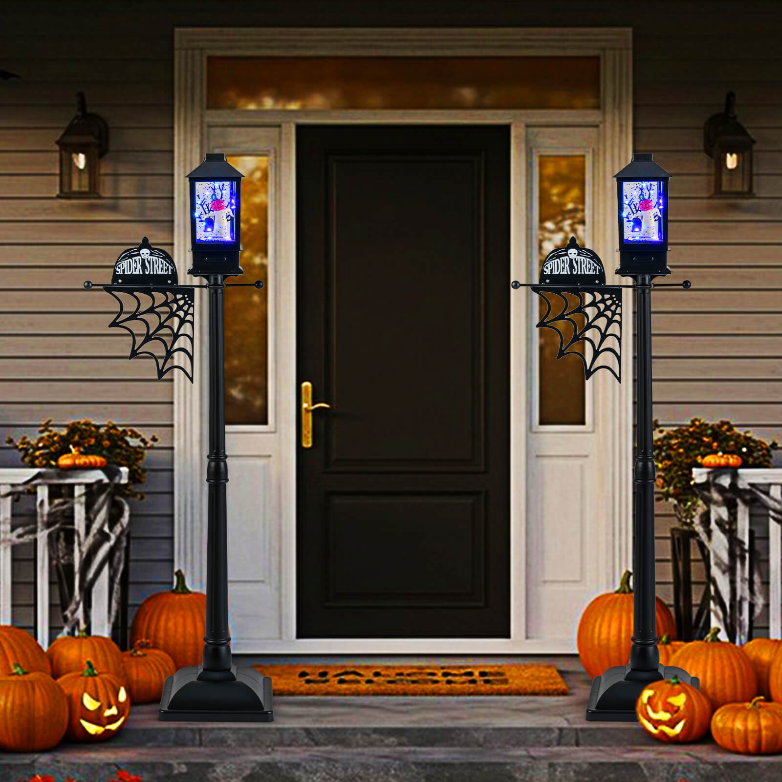 155 cm Halloween Lamp Post Sound-Activated with Black Snowy Effects-Black