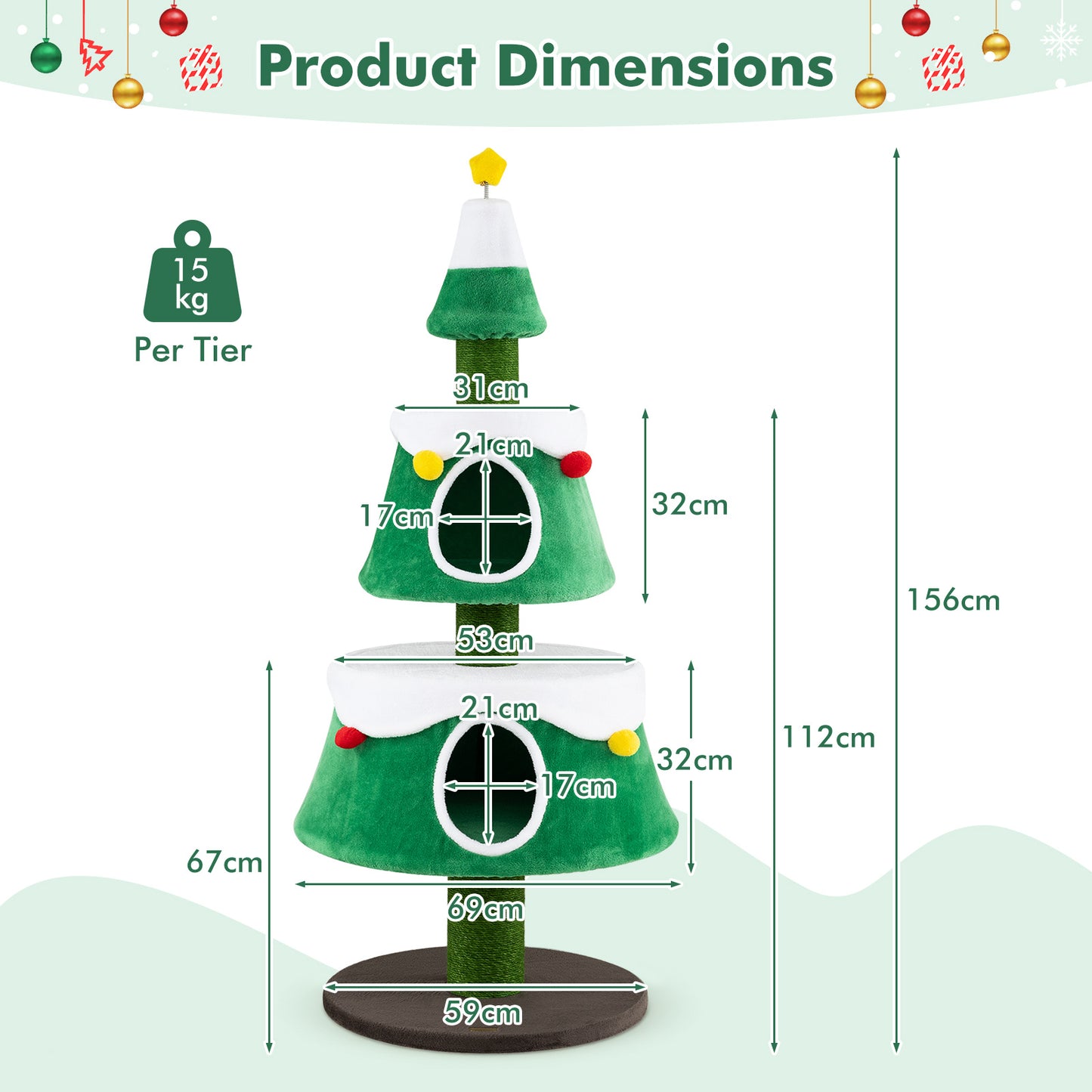 156 cm Cat Christmas Tree with 2 Condos and Scratching Posts for Holiday Style-Green