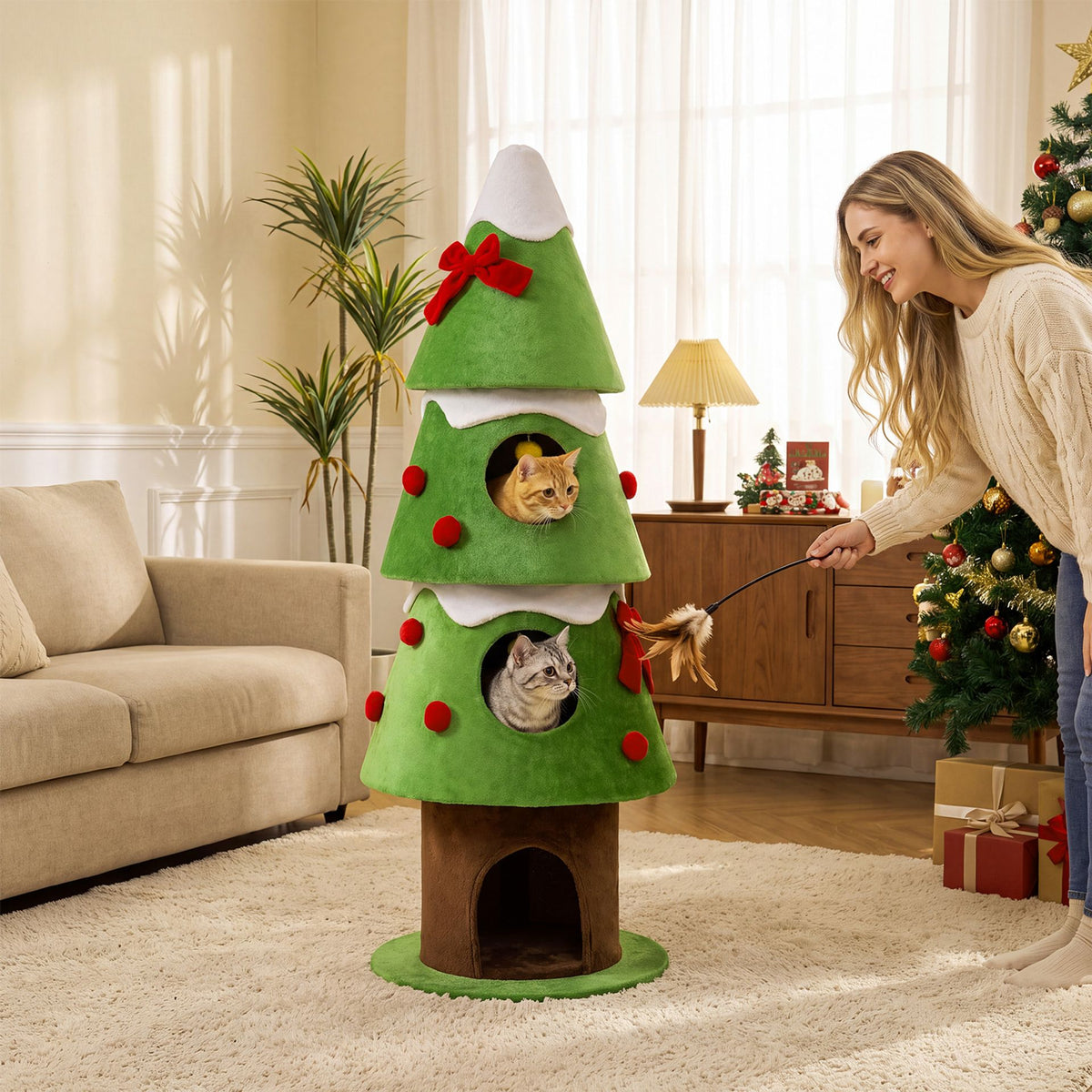 157.5 cm Christmas Cat Tree with 3 Cozy Condos and 2 Hanging Balls-Green