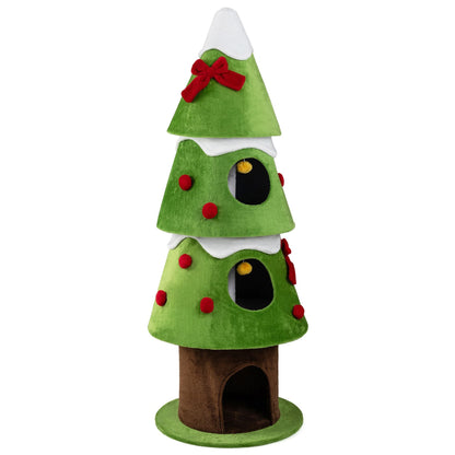 157.5 cm Christmas Cat Tree with 3 Cozy Condos and 2 Hanging Balls-Green