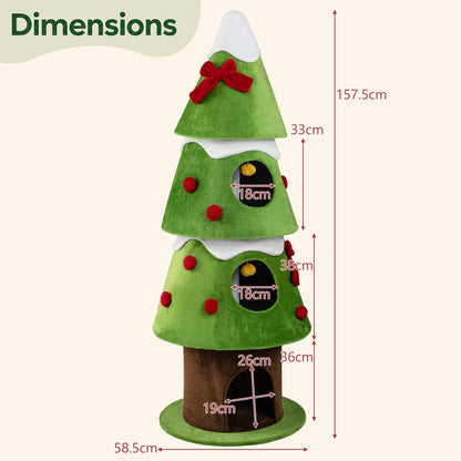 157.5 cm Christmas Cat Tree with 3 Cozy Condos and 2 Hanging Balls-Green