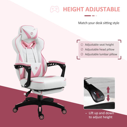 Vinsetto Gaming Chair Ergonomic Reclining w/ Manual Footrest 5 Wheels Stylish Office Pink