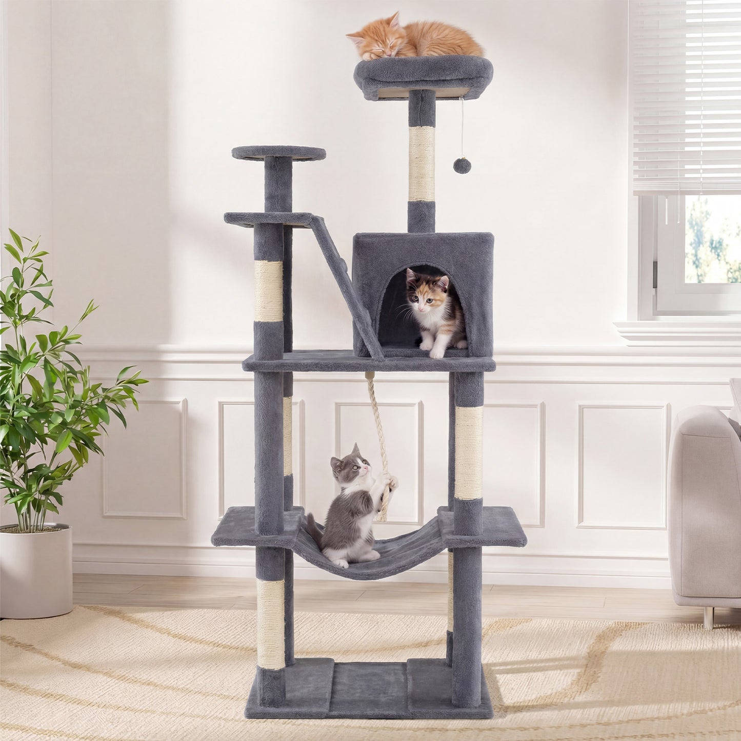 158 CM Tall Cat Tree Tower for Indoor Cats with Plush Top Perch-Grey
