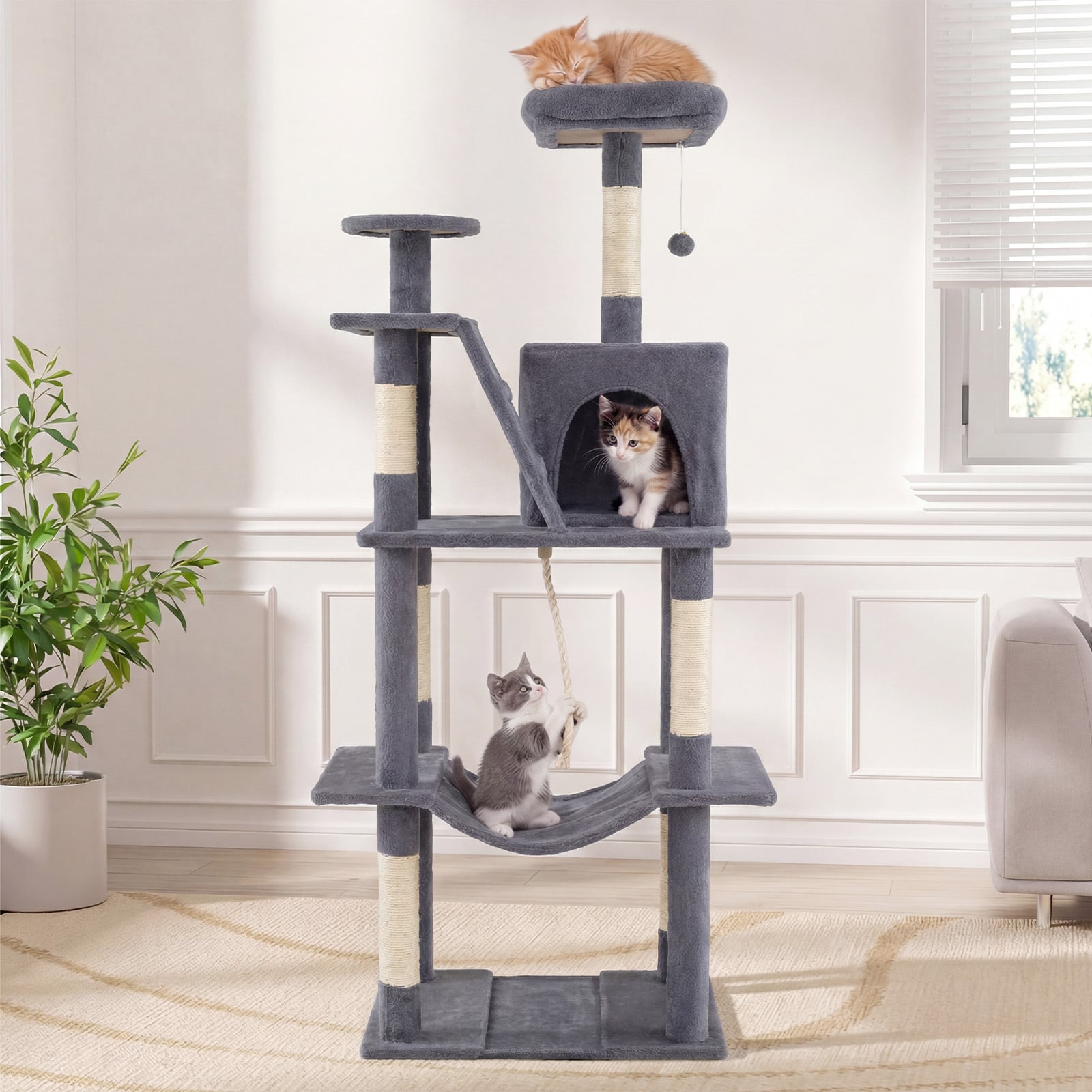 158 CM Tall Cat Tree Tower for Indoor Cats with Plush Top Perch-Grey