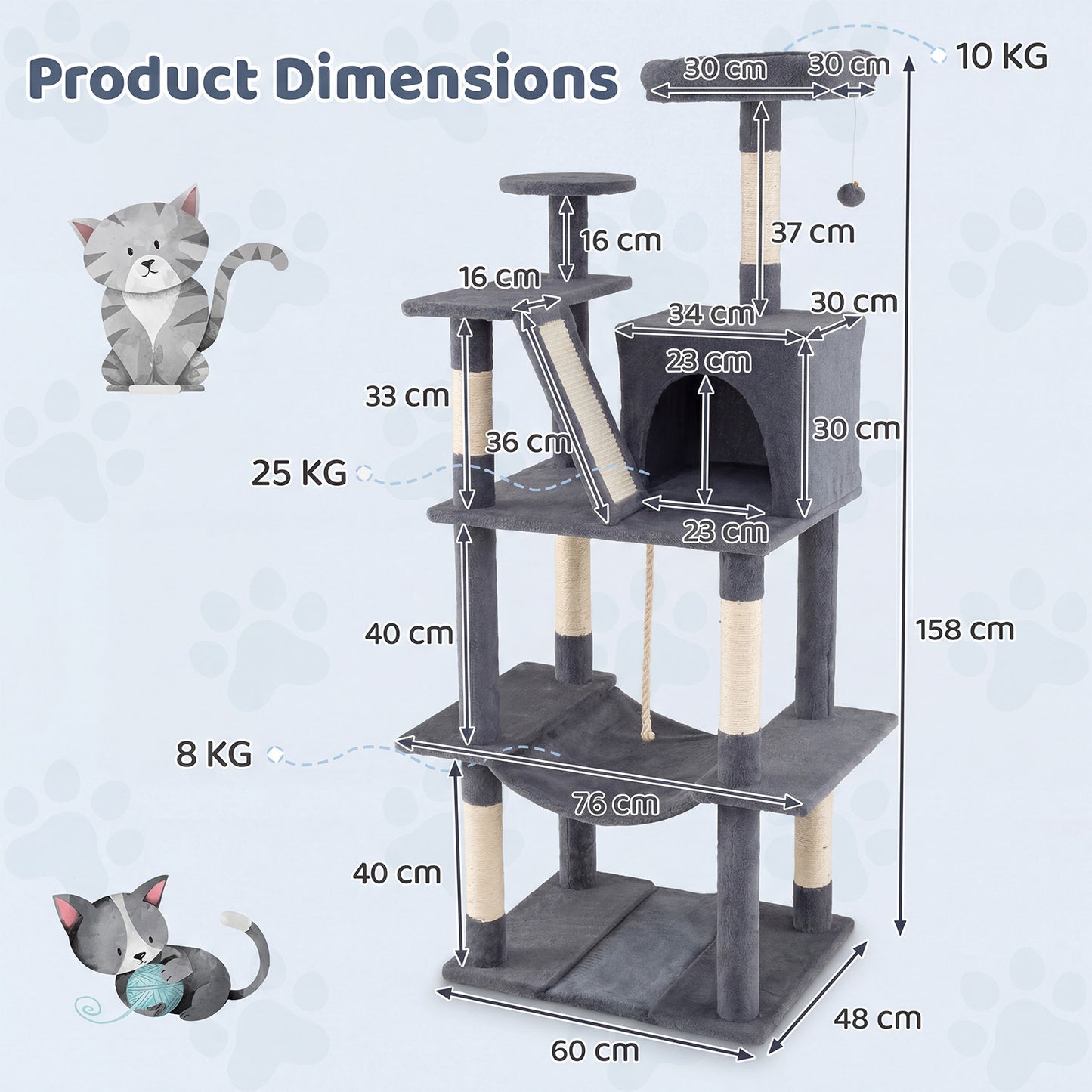 158 CM Tall Cat Tree Tower for Indoor Cats with Plush Top Perch-Grey