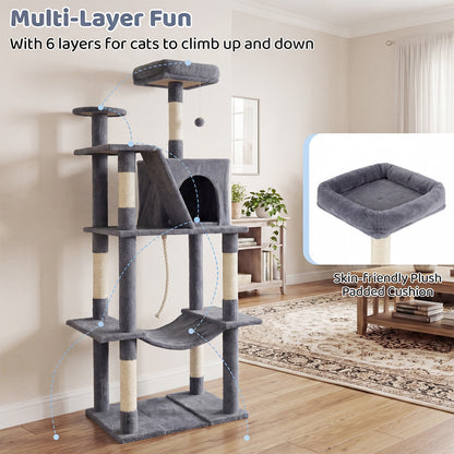 158 CM Tall Cat Tree Tower for Indoor Cats with Plush Top Perch-Grey
