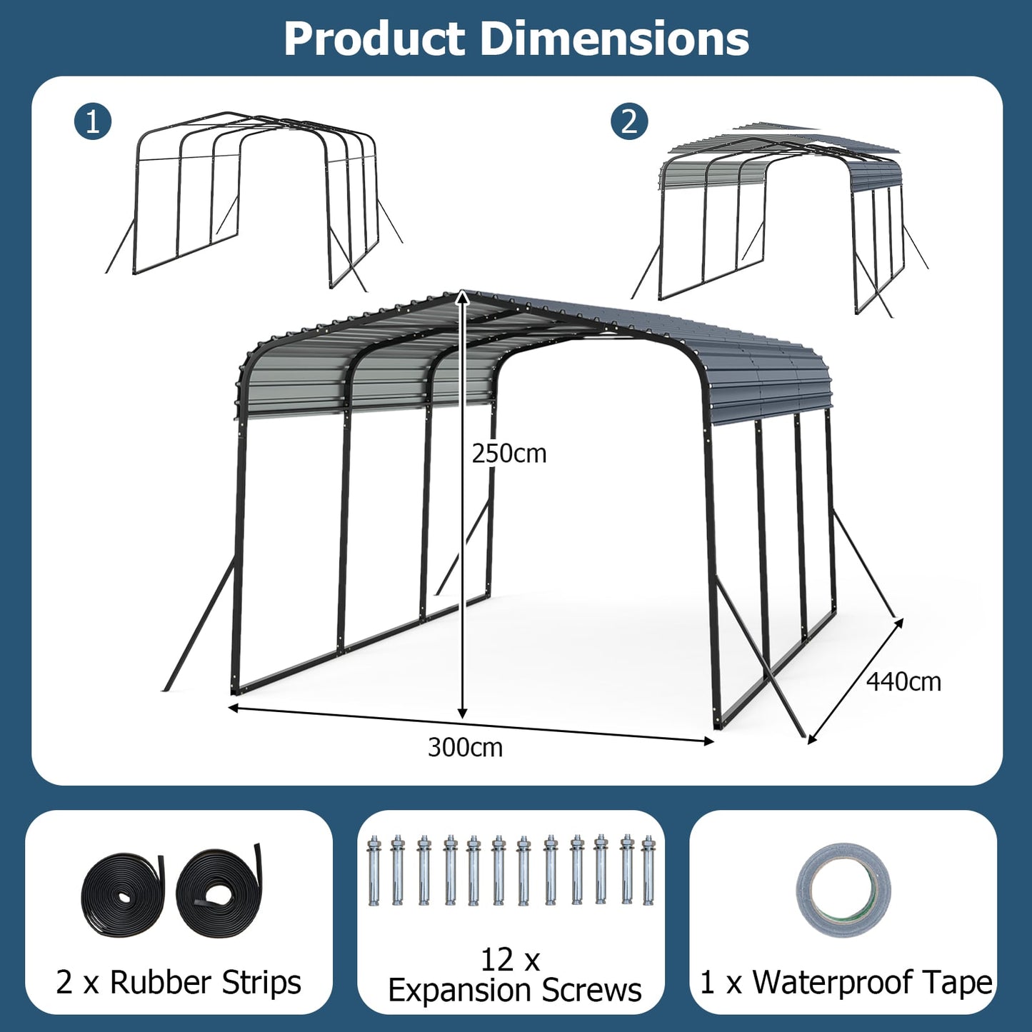 15FT Heavy-Duty Metal Carport Outdoor Garage Car Shelter-Black