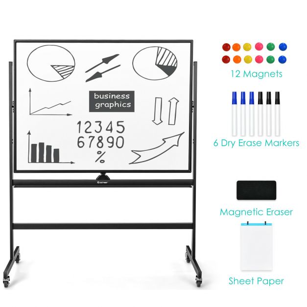 mobile magnetic large reversible whiteboard 360° rotatable 90 x 120 cm black + white
