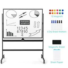 mobile magnetic large reversible whiteboard 360° rotatable 90 x 120 cm black + white