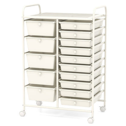 15 Drawer Rolling Storage Cart with 4 Wheels for Beauty Salon-White