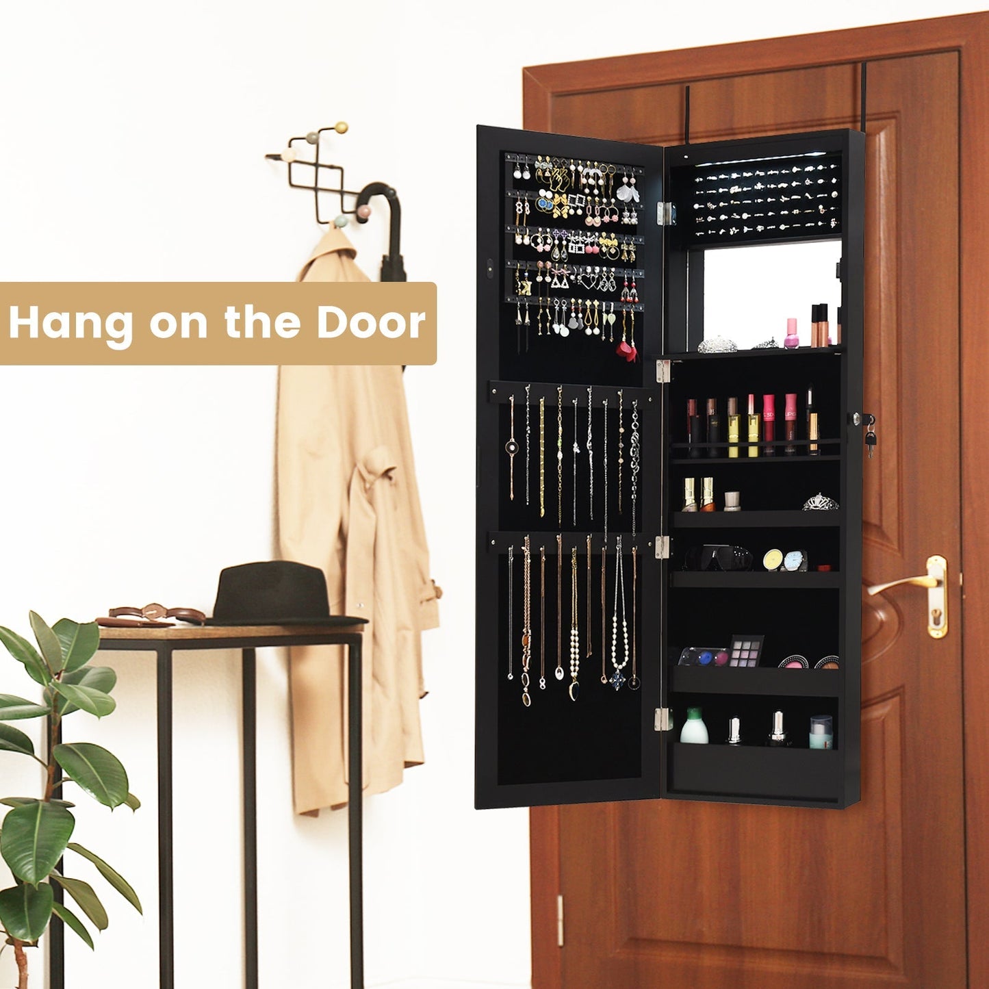 120cm Full Length Lockable Mirror Jewelry Cabinet with 15 LEDs-Black