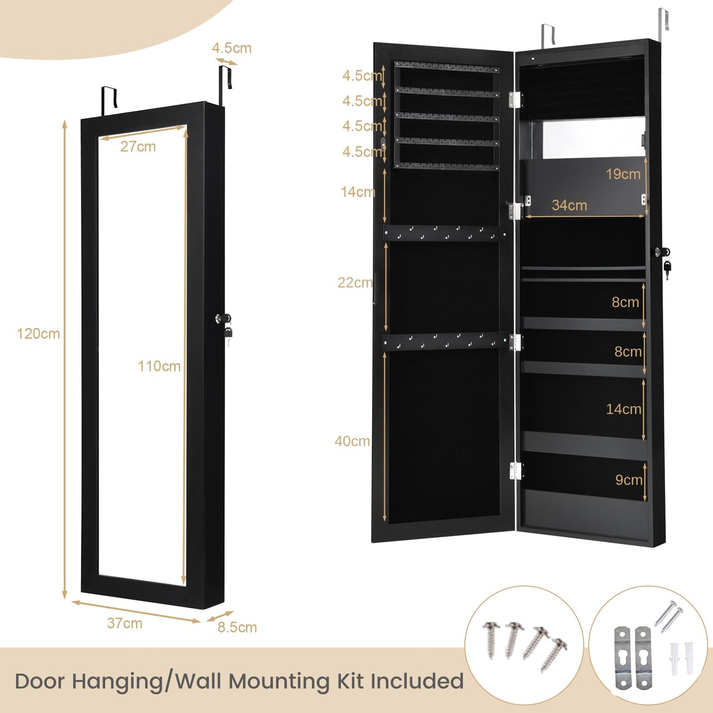 120cm Full Length Lockable Mirror Jewelry Cabinet with 15 LEDs-Black