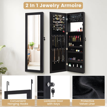 120cm Full Length Lockable Mirror Jewelry Cabinet with 15 LEDs-Black