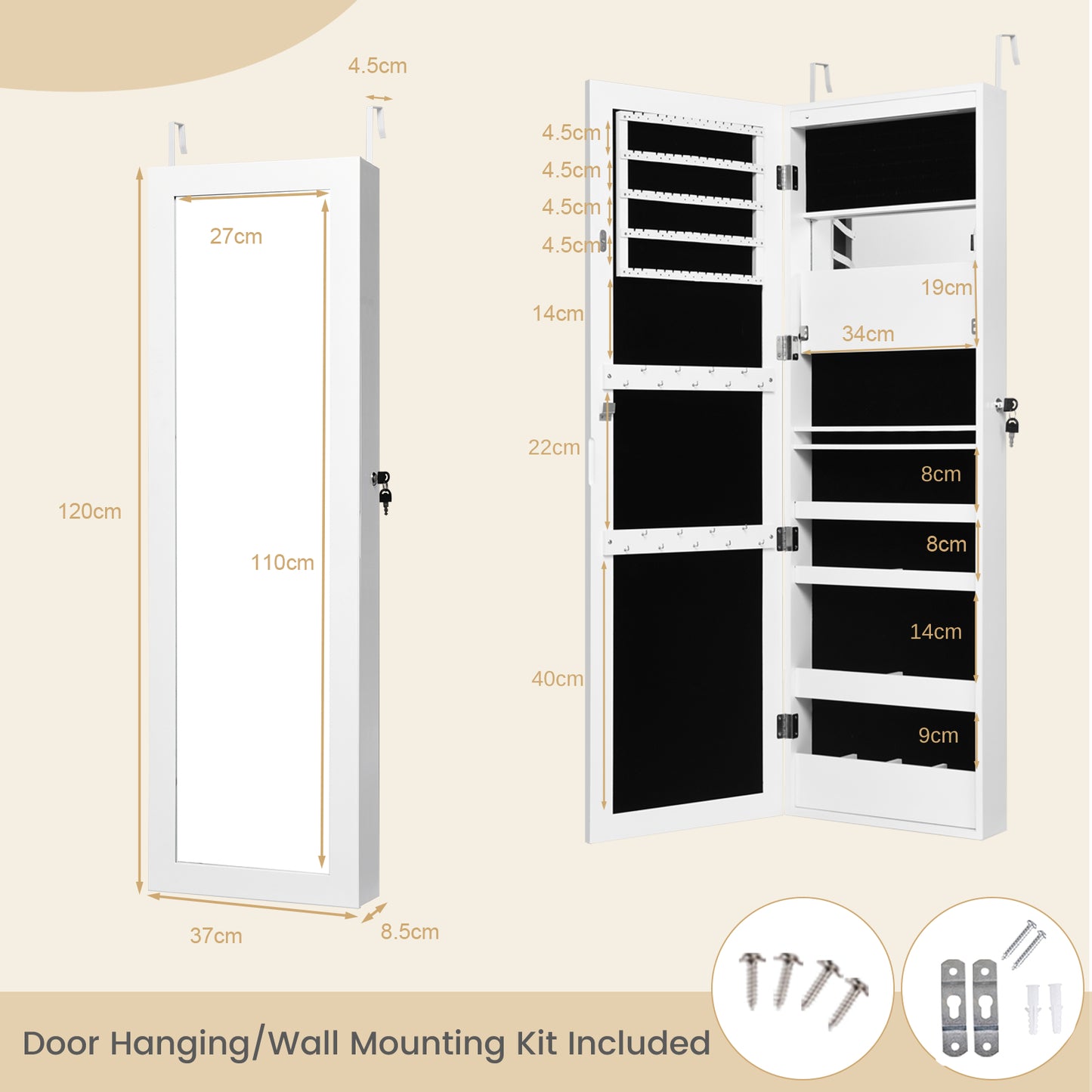 120cm Full Length Lockable Mirror Jewelry Cabinet with 15 LEDs-White