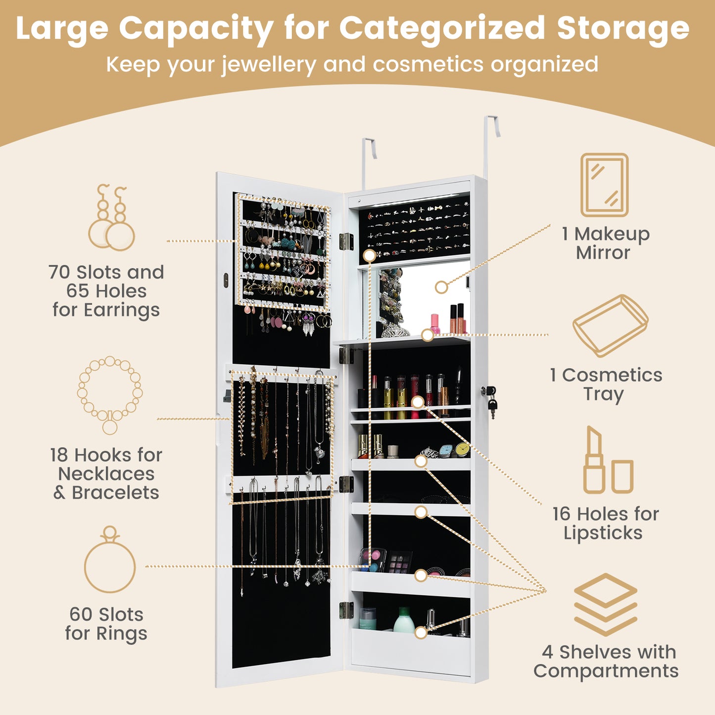 120cm Full Length Lockable Mirror Jewelry Cabinet with 15 LEDs-White