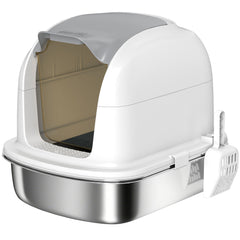 PawHut Stainless Steel Cat Litter Box with Lid, for Cats, Enclosed Cat Litter Box with Flip Cover, Scoop